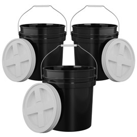 5-Gallon Black Bucket Pail with Gamma Seal Screw on Airtight Lid, Metal Handles with Plastic Grip for Easy Carrying, Easy Stack and Store, Heavy-Duty 90MIL Extra Durable, Food Grade, BPA Free - 3 Pack