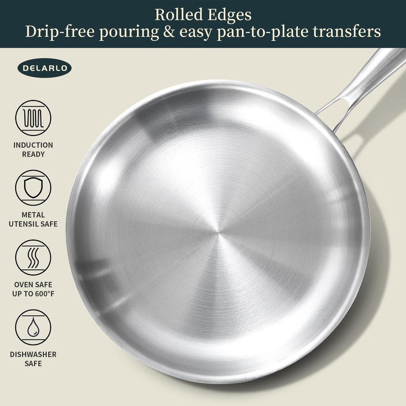 DELARLO Tri-ply Stainless Steel Frying Pan Set with Lid 8"