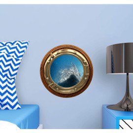 12" Port Scape Porthole 3D Window Sunken Shipwreck #2 BRASSWOOD Sea Portal Wall Decal Removable Fabric Vinyl Wall Sticker Ocean Wall Art Decor
