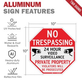 T&R No Trespassing Private Property Sign Video Surveillance Sign - 4 Pack - 10"x10" .040 Rust Free Heavy Aluminum, Reflective, Waterproof, Weatherproof and Fade Resistant, 4 pre-drilled holes, Easy to