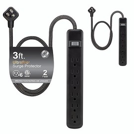 GE UltraPro 74544 - Protector de sobretensiones de 6 Tomas, Paquete de 2 Unidades, Cable Trenzado de 3 pies, Protector de sobretensión, Tira de alimen