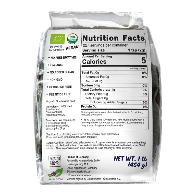 Dried Elderberries Organic 1 lb Bulk Bag - USDA Certified,