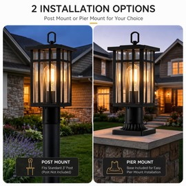 c cattleya Modern Outdoor Post Light with Pier Mount Base, Matte Black Exterior Post Lantern, Clear Tempered Glass, E26 Base Outdoor Pole Light for Patio Porch Deck Fence Entryway
