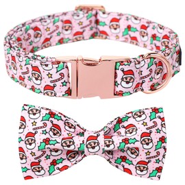 Lionet Paws Christmas Pink Dog Collar Bowtie - Cute Adjustable Winter Cotton Santa Dog Collar with Bowtie for Small Medium Dog Girl Boy Gift, XXS, Neck 7-11in