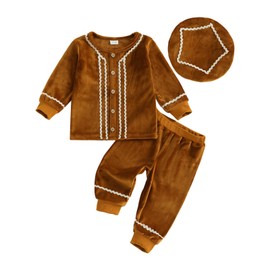 GOOCHEER Toddler Baby Boy Christmas Outfit Gingerbread Man Long Sleeve Sweatshirt Crewneck Pullover Pants Hat Set (Brown, 18-24 Months)