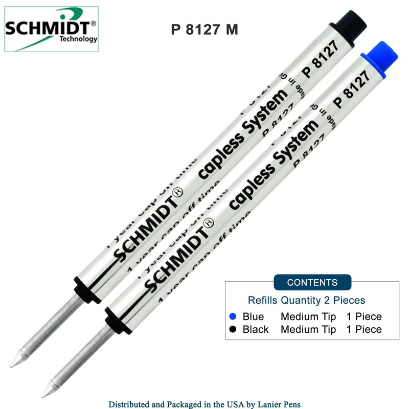 Schmidt P8127 Black, Blue Capless Rollerball Refill, Medium Tip 0.7mm