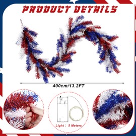 Dingion 4th of July Garland with 30 Fairy Light Independence Day Red White and Blue Pine 6Ft Patriotic Cedar Garland Decoration for Memorial Day Flag Stairs Fireplace Mantel Decor