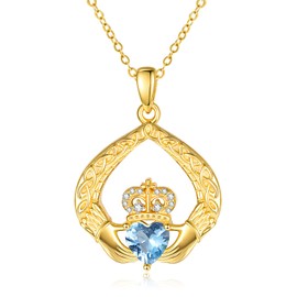 Zeuslia Claddagh Necklace for Women Irish Claddagh Pendant Birthstone Pendant Necklace Crown Jewellery Anniversary Wedding Birthday Gifts for Women, Sterling Silver, Topaz