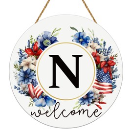 Patriotic Decorations Monogram Letter N 4th of July Wreaths for Front Door Wreath Wooden Welcome Sign for Front Door Decor Last Name Initial Fourth of July Memorial Day Porch Wall Home Kitchen Decor