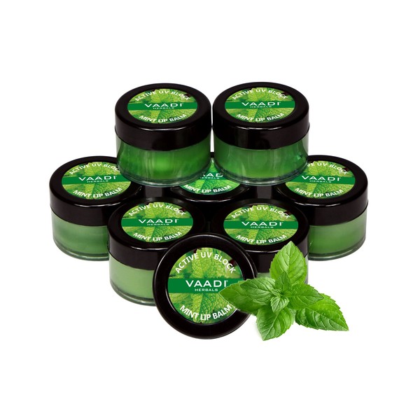 Lip Balm 2.83 Ounces (Pack of 8 X 10 Grams) in Tin - Active UV Block - Mint Flavor - all Natural - Vaadi Herbals