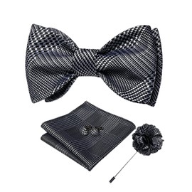 DiBanGu Bow Tie Self Tie for Men Black White Bowtie and Pocket Square Cufflinks Lapel Pin with Box Silk Woven Jacquard