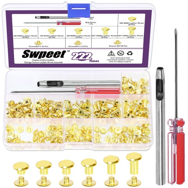 Swpeet 110 Set 6 Sizes M5 x 4mm/5mm/6mm/8mm/10mm/12mm Gold Leather
