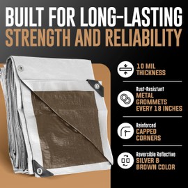 10x12 Heavy Duty Tarp, 10 Mil Thick, Waterproof, Tear & Fade Resistant, High Durability, UV Treated, Grommets Every 18 Inches. (Silver/Brown - Reversible) (10 x 12 Feet)