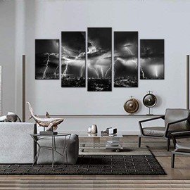 Biuteawal - Black and White City Wall Art Nature Lightning Strikes in The Clouds Painting on Canvas Storm Cityscape Picture Print for Home Office Bedroom Decoration