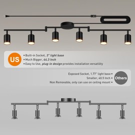Plug in Track Lighting LED, Track Lighting Fixtures Ceiling, Black 6-Light Kitchen Light Kit, Plug in Wall Light with 14.8ft Power Cord, Rotatable Ceiling Spotlight for Bedroom(GU10 Socket, NO Bulb)