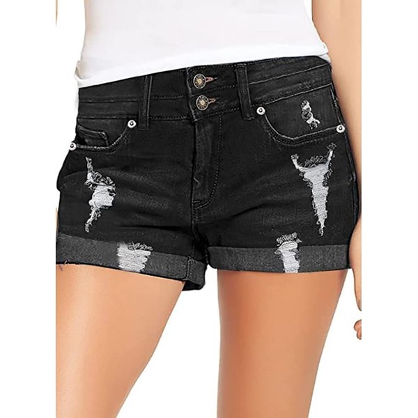 Necooer Women's Ripped Two Button Jean Shorts High Waisted Stretchy