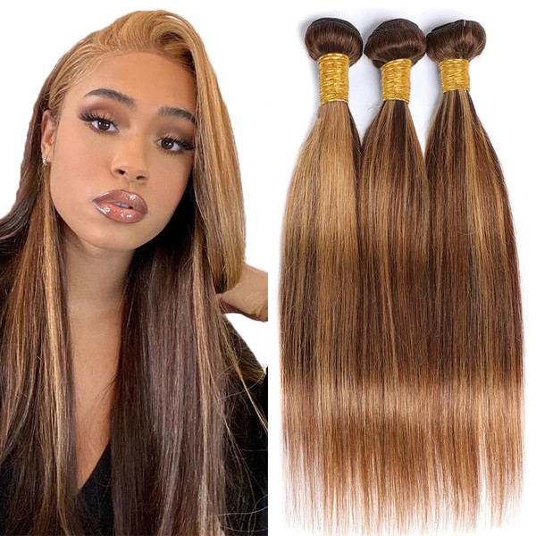 P4/27 Bundles Human Hair Highlight Brown Honey Blonde Straight Bundles