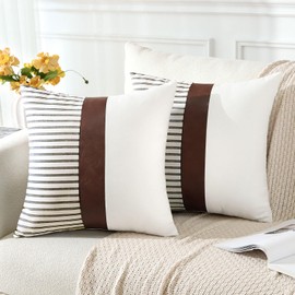 JOTOM Pack of 2 Faux Leather Striped Patchwork Cushion Covers 40x40 cm Decorative Throw Pillow Covers Square Cushion Case Home Farmhouse Decor Pillowcase for Couch Sofa Bed 16x16 Inch (Stripe Coffee)