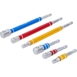 BGS 74424 | Adapter Set for Drills | Coloured | Drive External Hexagon 6.3 mm (1/4 Inch) | Output: External Square 6.3 mm (1/4 inch), 10 mm (3/8 inch), 12.5 mm (1/2 inch) | 75-150 mm | 6 Pieces