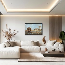 Lovira Farmhouse Scottish Highland Cow Extra Large Wall Art Rustic Country Farm Ranch Gaint Big Canvas Wall Decor Pictures Prints Painting Framed Artwork for Guest Living Room Bedroom Office 24"x36"