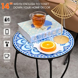 Round Side Table, Indoor Outdoor Small Side Table, Weather Resistant Black Metal Side Table for Livingroom Patio Balcony Yard Porch Garden, 14” Diameter and 17” H Patio Accent Table Plant Stand