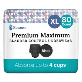 Because Women Incontinence Underwear - Maximum - Absorbs 4 Cups, Moisture Wicking Disposable Briefs, Odor Resistant Pull Ups- Black, X-Large 80 Count (4 Packs of 20)