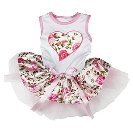 Pet Supply Valentine Flower Heart White Top Pink Floral Dog Tutu Dress, xl, rose