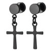 Pair Black Circle Screw Stud Earrings with Dangling Cross, Unisex