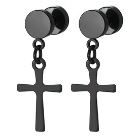 Pair Black Circle Screw Stud Earrings with Dangling Cross, Unisex for Men Women