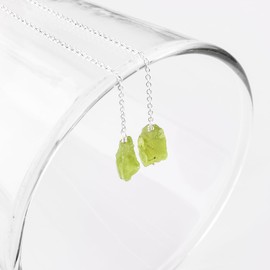 YANARA Peridot Earrings For Women Natural Raw Dainty Threader Pair, Gemstone August Birthstone Crystal, Valentines Day Gifts For Her, Chakra Energy Healing Crystals Jewelry in Silver Plated