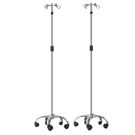 Konmee IV Poles with Wheels IV Stands 2 Hooks 5 Legs Rolling Base with Heavy Duty Stainless Steel, Adjustable Height,2PCS/2Pack