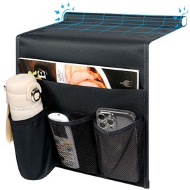 WOMACO Bed Caddy, BedSide Organizer with Water Bottle Holder Remote Control Holder for Phones, Magazines, Tablets, Accessories Bed Side Caddy - Medium, Black