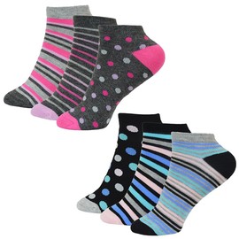 Pack of 6, 12 Pairs Ladies Trainer Ankle Socks - Antibacterial and Breathable Bamboo Socks Womens in Assorted Striped Design UK Size 4-8 Low Cut Women Socks (Assorted 6 Pairs)