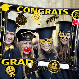 31 Pack Graduation Photo Booth Props 2025, Black and Gold Graduation Photo Booth Frame Congrats Grad Photo Booth Props for Class of 2025 Grad Party Supplies