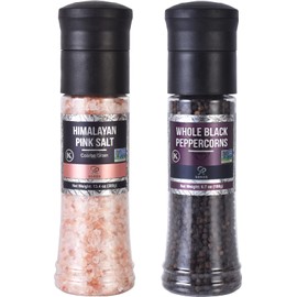 Soeos Whole Black Peppercorns, 6.7oz (190g) and Himalayan Pink Salt, 13.4oz (380g), Plastic Bottle Grinder with Spice Grinder with Salt and Pepper Shaker, Salt and Pepper Set. | Soeos