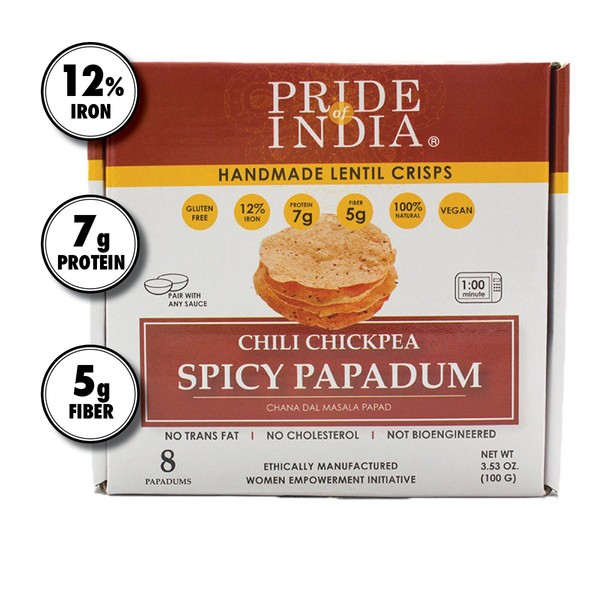 Pride Of India - Spicy Chickpea Masala Papadum Lentil Crisp, 10 count (3.53oz - 100gm) - Microwaveable Instant Chips, Gluten-Free Vegan Crackers, Healthy Protein, Fiber & Iron Rich Snacks