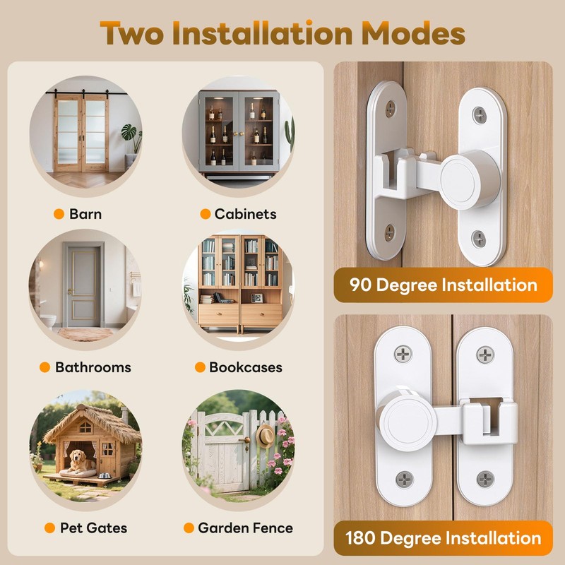 StickNGo Barn Door Locks, 90/180 Degree Right Angle Flip Gate