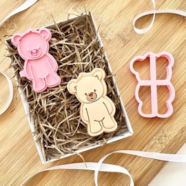 LissieLou Cutesy Sitting Teddy Bear Cookie Cutter and Stamp Baby Shower - Light Pink
