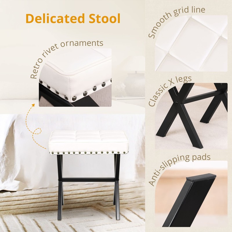 LUE BONA White Vanity Stool - Square Faux Leather Makeup