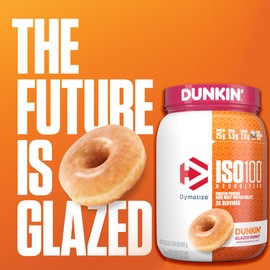 Dymatize x Dunkin' Glazed Donut ISO100 Whey Protein Powder, 25g of Protein, 20 Servings, 5.5g BCAAs, 120 Cal., Gluten Free, 1g Fat, 1g Sugar, 2g Carb