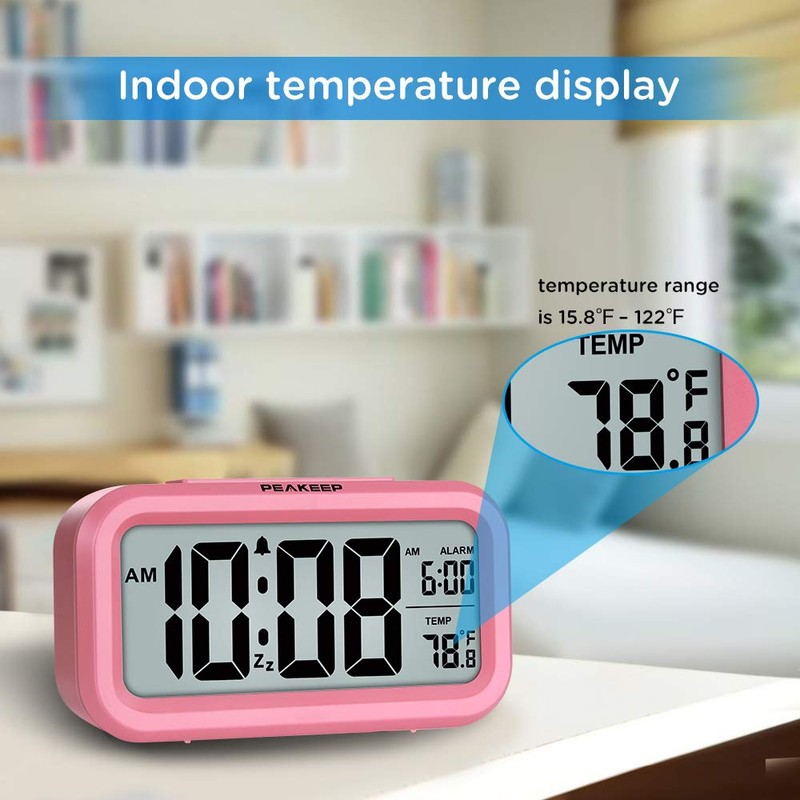 Peakeep Night Light Alarm Clock Battery Operated with Indoor Temperature,