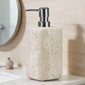 Ivory Travertine Soap Dispenser, Refillable Bathroom Liquid Dispenser with Stainless Steel Pump, Natural Organic Stone Hand Lotion Dispenser, Pump Bottle Dispenser for Bathroom, Kitchen Countertop