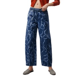 Kedera Bow Print Barrel Jeans for Women Trendy High Waisted Wide Leg Baggy Cropped Relax Fit Denim Trouser Ankle Pants