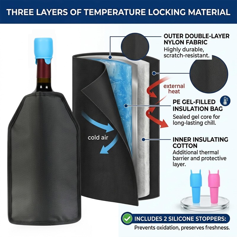 Reusable Gel Wine Cooler Sleeve, Fits 750ml Bottles for Red