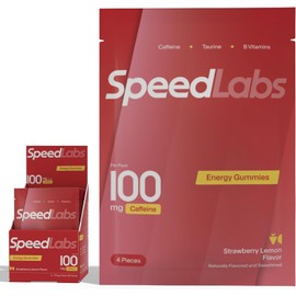 Speed Labs Caffeine Energy Gummies Strawberry Lemon Natural, 25mg Caffeine, Taurine, B-Vitamins per Piece, 32 Pieces (8 Packs) Vegan, Gluten Free, 1g Added Sugar