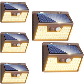 Peasur Solar Outdoor Lights [5 Pack/140LED], 3000K Warm Light Motion Sensor Outdoor Powered Security Lights 3 Working Modes Waterproof for Outside Garden Yard, Brown Frame