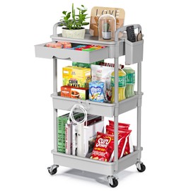EaseSky Rolling Utility Cart with Drawer 3 Tier, Utility Storage Organizer with Plastic Shelf & Lockable Wheels Multifunctional Storage Cart for Kitchen, Bathroom, Office, Living Room, Gray