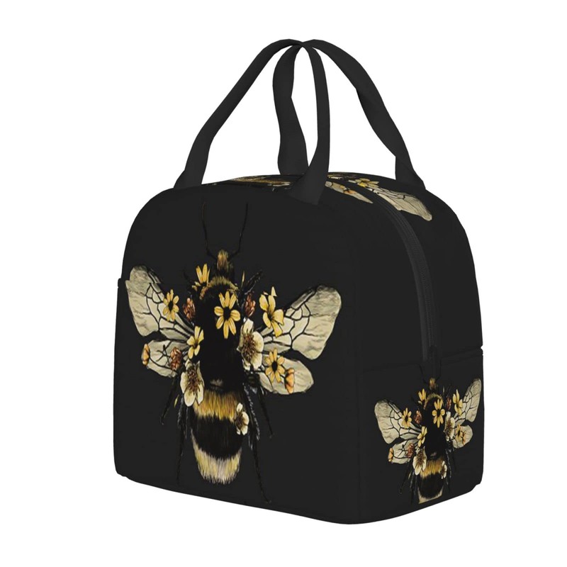 JIMOWANG Bee Black Portable Lunch Bag Compact Tote Bag Reusable