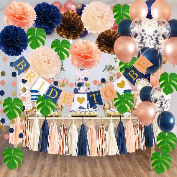 Bridal Shower Decorations Navy Rose Gold Navy Peach Champagne Confetti Ballons /Bride to Be Banner Navy Coral , Hen Party Engagement Banner Rose Gold Bachelorette Party Decorations