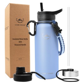 NATURE PIONEOR Insulated Water Bottles with Paracord Handle - 32 oz Vacuum Sports Wide Mouth Water Bottle with 3 Lids, Leak Proof Stainless Steel Keeps Hot and Cold